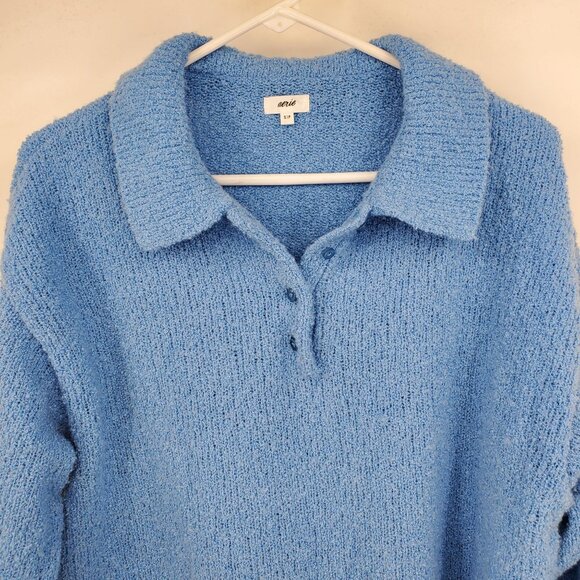 Aerie Women's Blue Textured Folded Collar Henley Neck Boxy Shirt Size Small - Picture 6 of 7